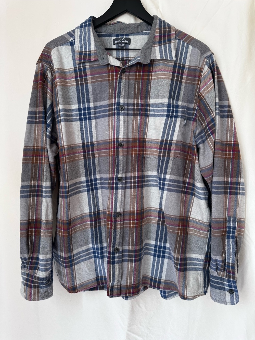 Eddie Bauer Men's Gray Plaid Button-Down Shirt with Blue & Brown Accents